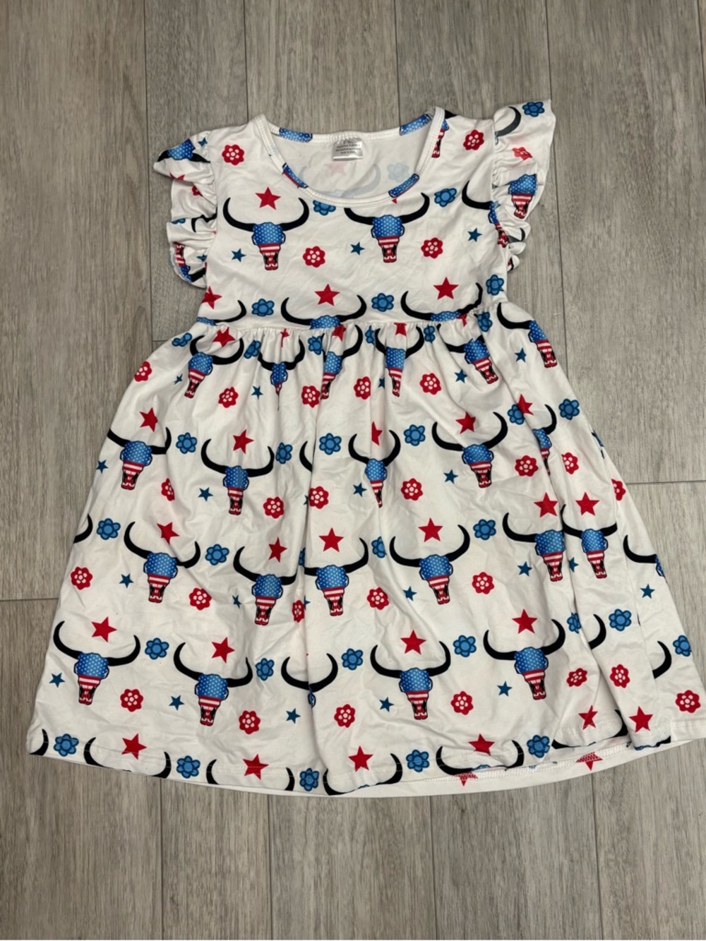 Girls' White Red & Blue Patriotic Bull Print Dress